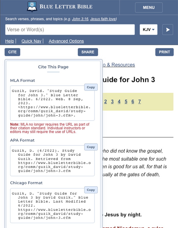 Mobile Format View: Cite button