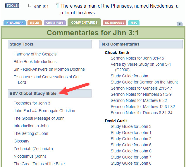 ESV Global Study Bible in the Commentaries Tab