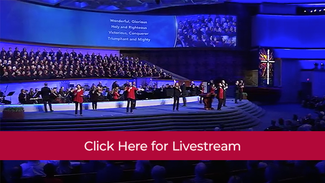 Worship leaders on stage at First Baptist Church Dallas Livestream